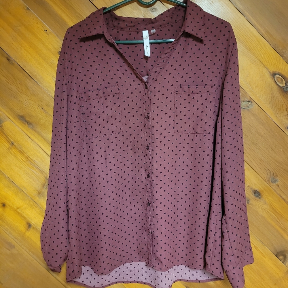 NY Collection Burgandy Chiffon Polka Dot Oversized Shirt
